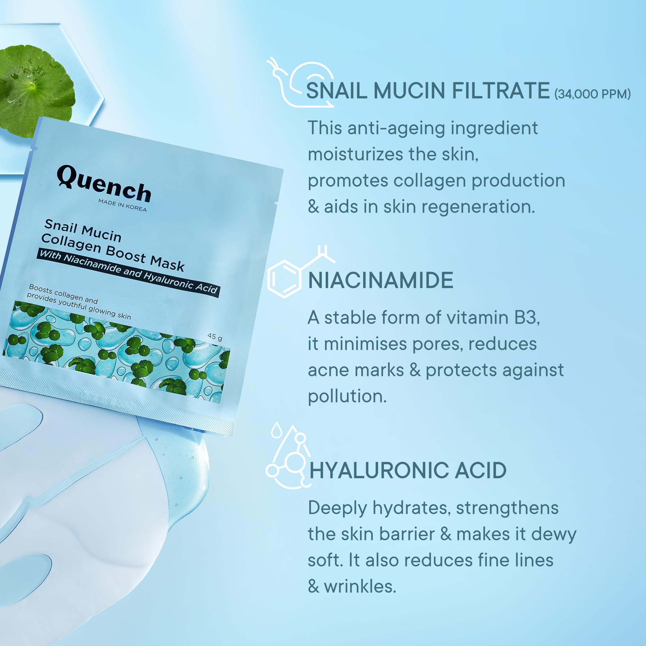 Quench Snail Mucin Korean Collagen Boost Mask with Niacinamide & Hyaluronic Acid for Glass Skin